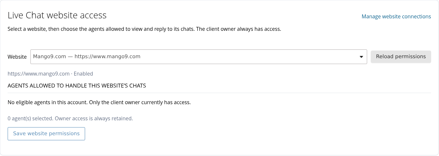 Website selection, eligible-agent area and Save website permissions