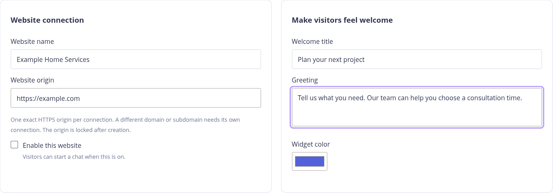 Live Chat website name, HTTPS address, welcome title, greeting and color