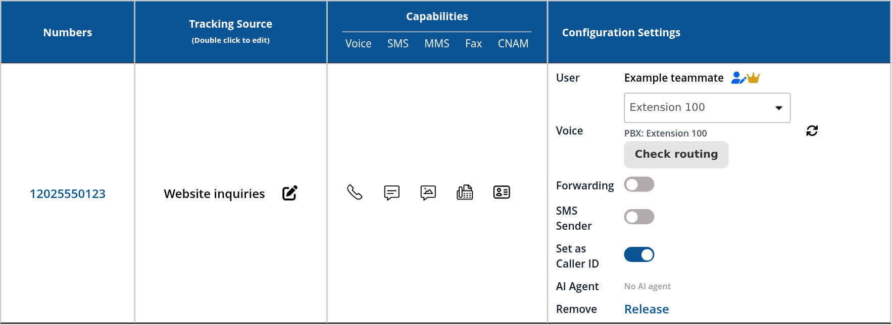An active phone number and its configuration controls