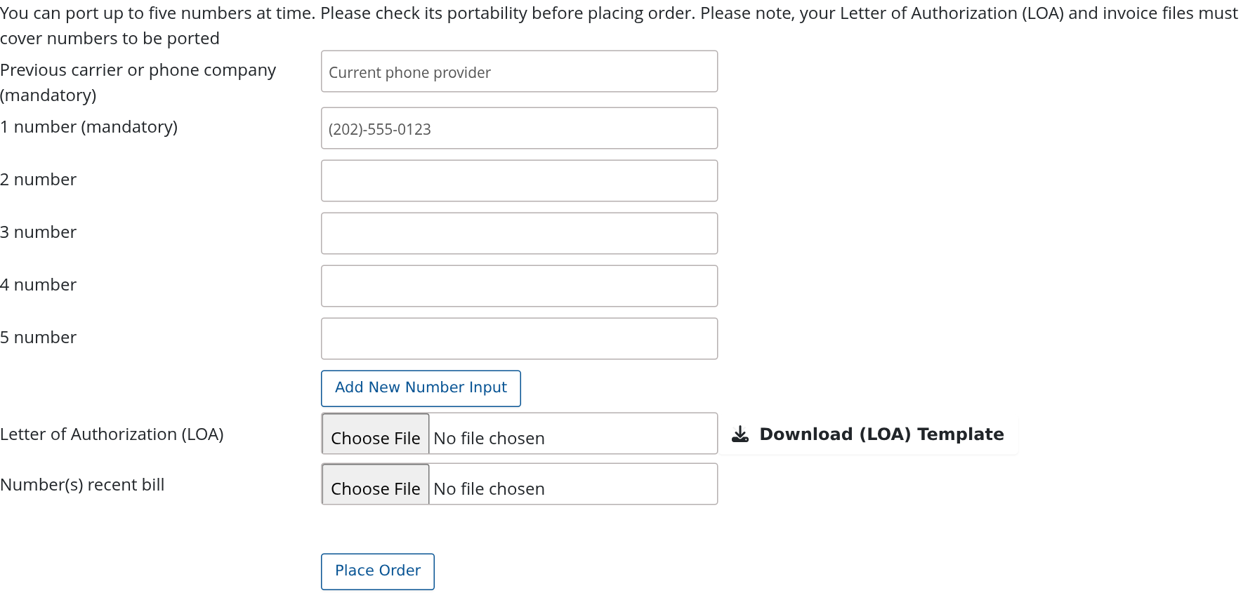 Port request fields and document uploads