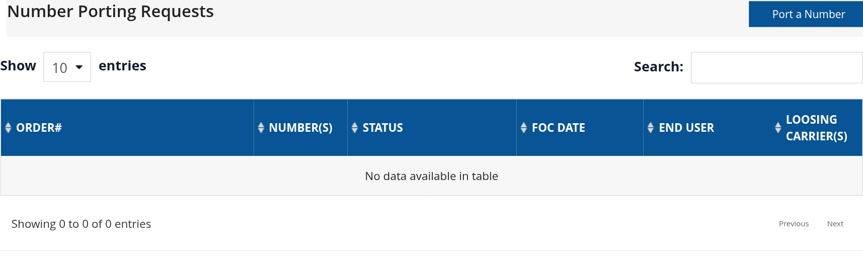 Number Porting Requests and Port a Number control