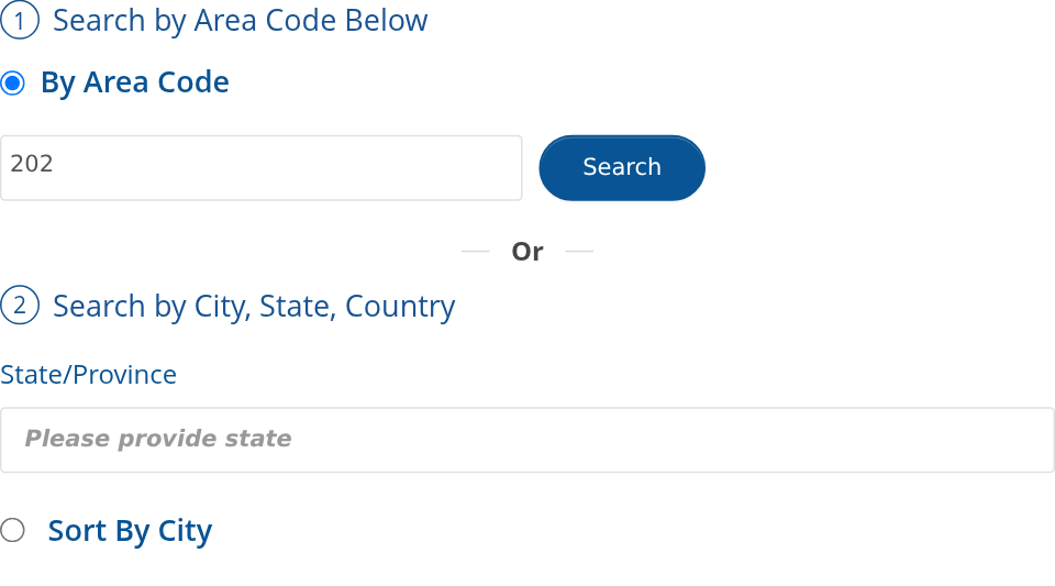 Local number search by area code or location
