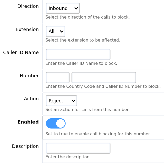 Call Block rule with direction, extension, caller name, number, action and enabled controls