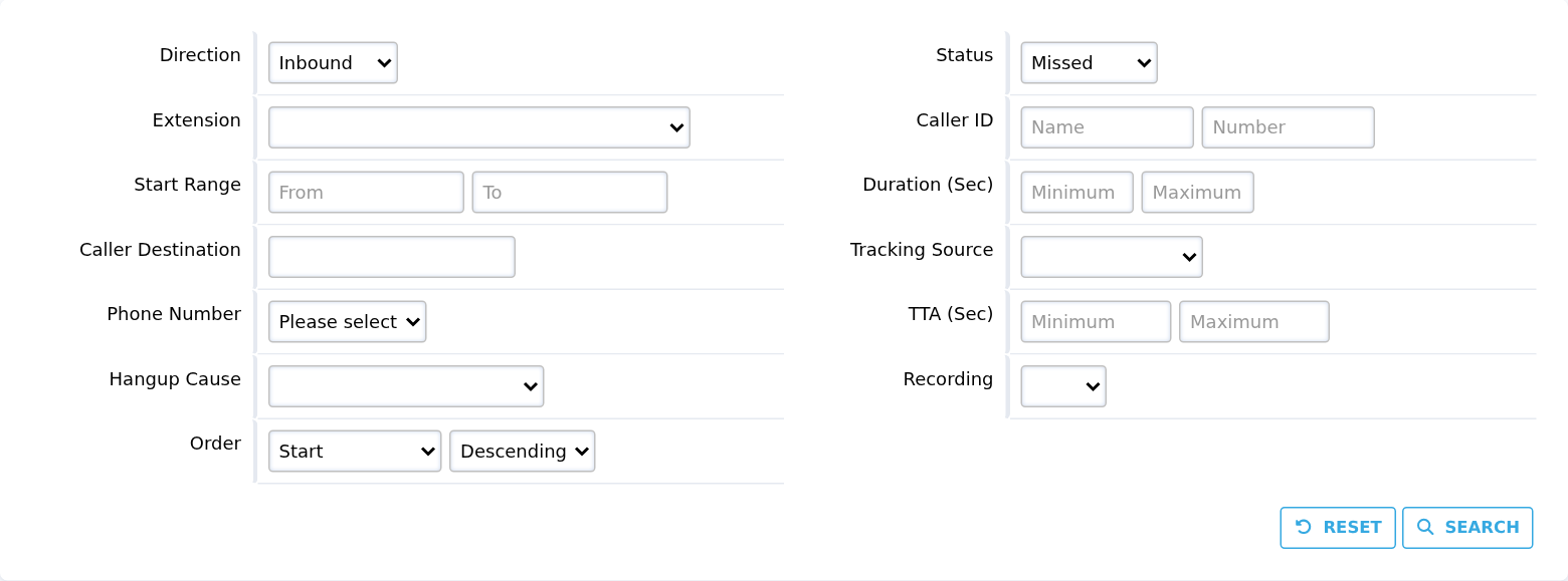 Call-history filters for direction, status, extension, dates, numbers, duration and recording
