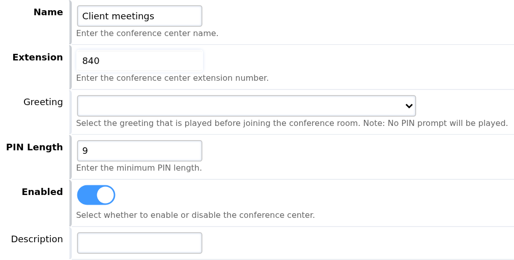 Conference Center name, extension, greeting, minimum PIN length and enabled setting