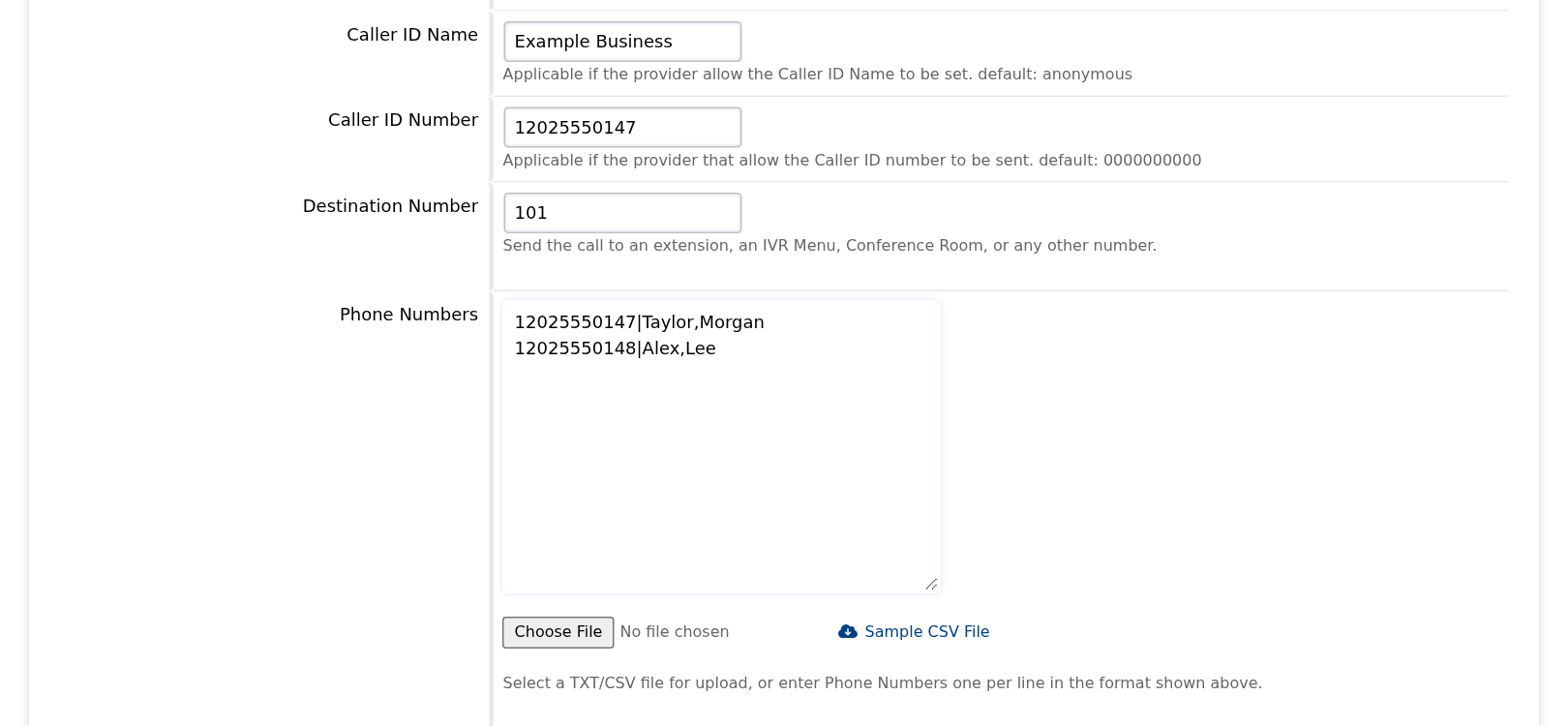 Caller identity, destination extension and sample recipient list in Call Broadcast