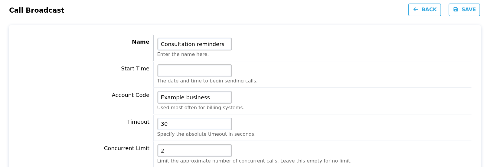 Native Call Broadcast settings with example name, timing, timeout and concurrent limit