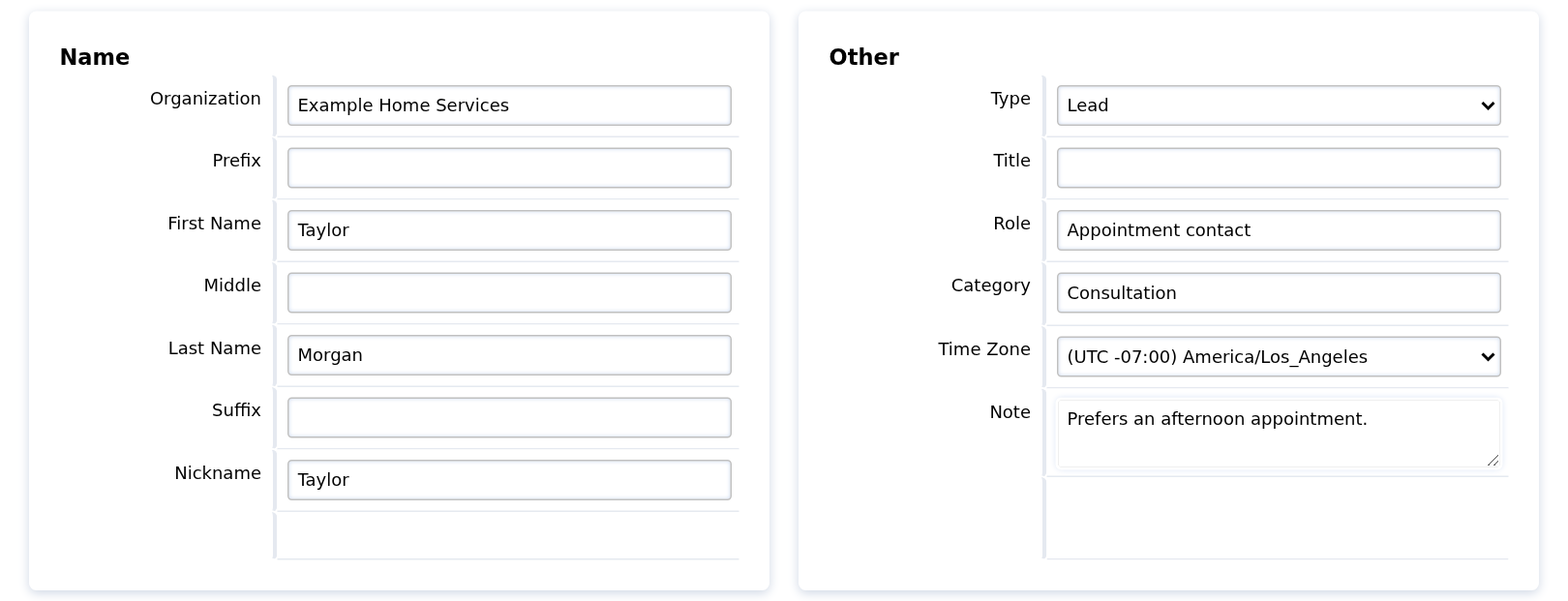 Contact name, organization, type, role, category, timezone and note