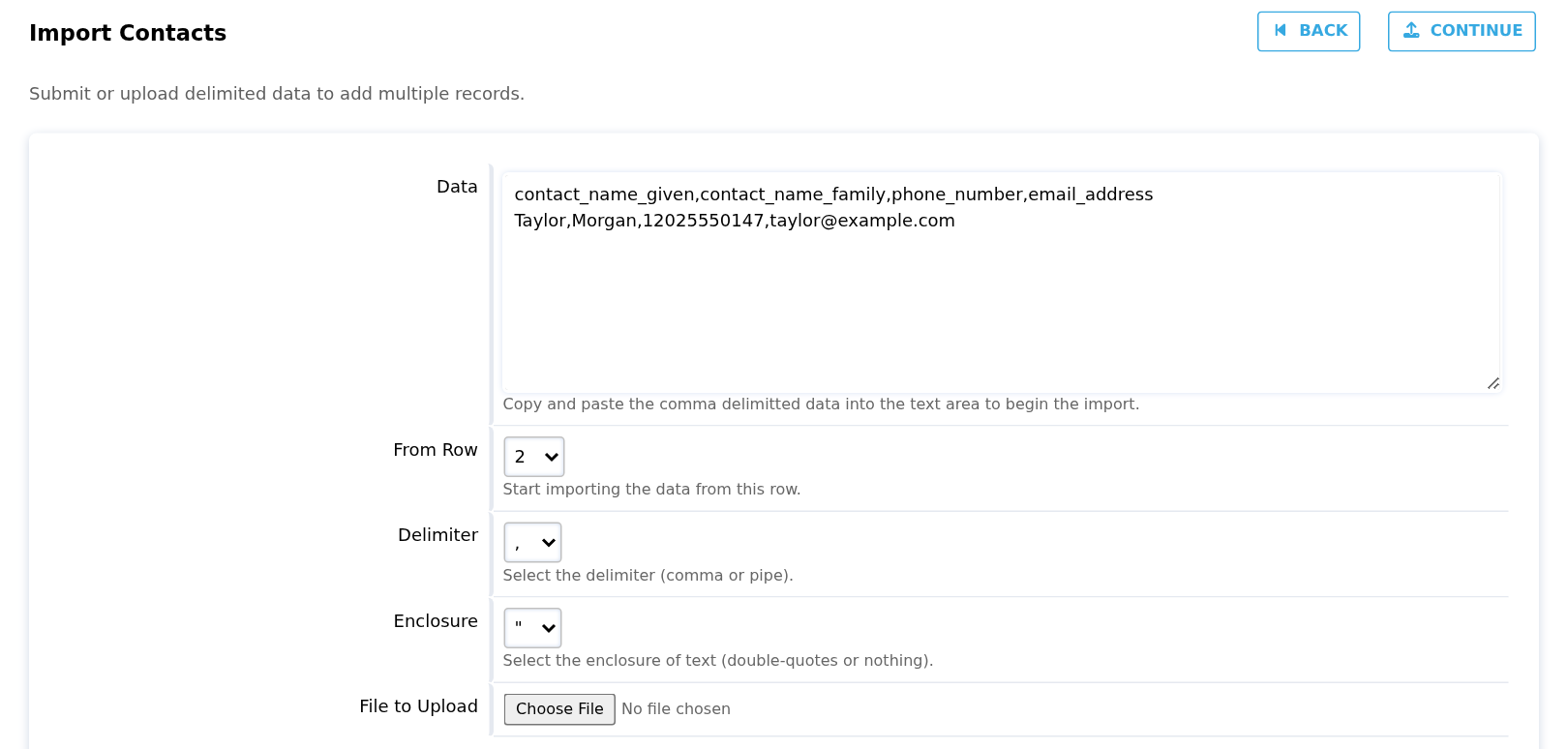 Import Contacts data, starting row, delimiter, enclosure and file controls