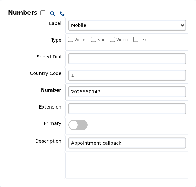 A contact telephone entry with country code, number and primary switch