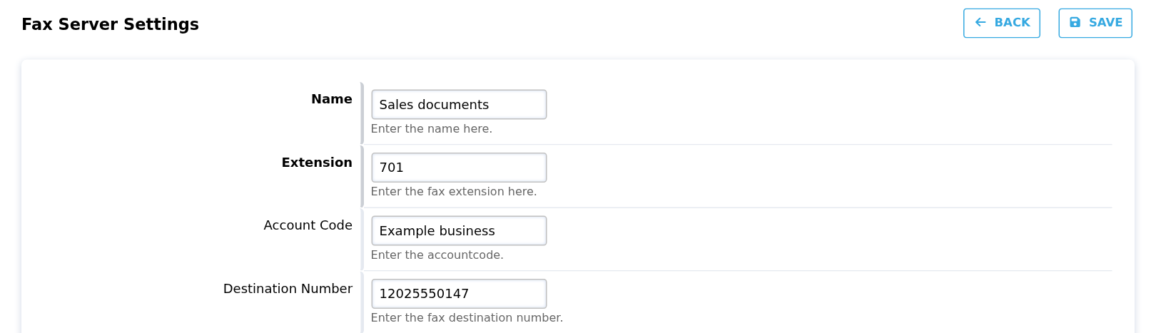 Native Fax Server Settings with example name, fax extension and destination number