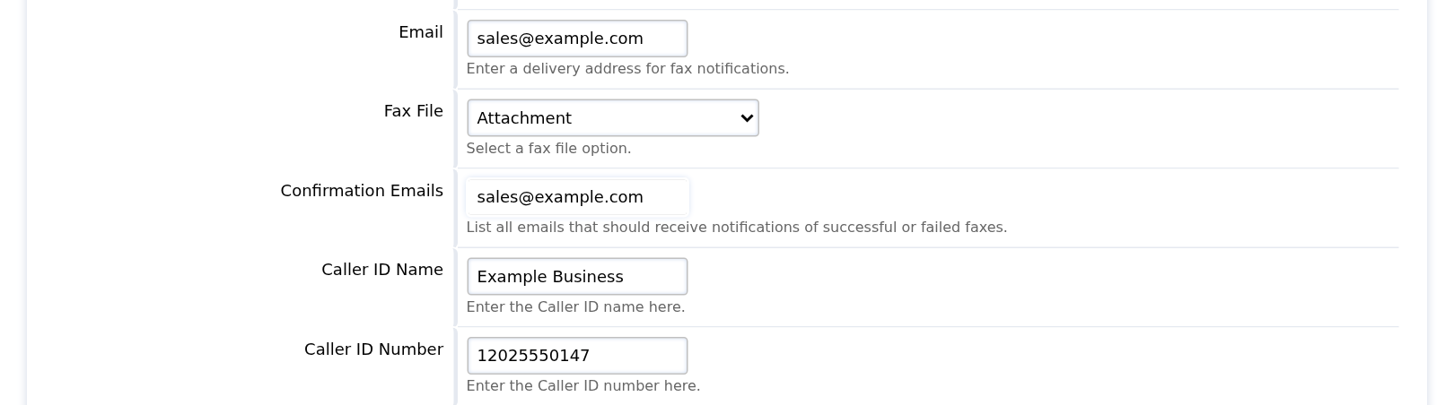 Fax email addresses, attachment or download-link selector and caller identity