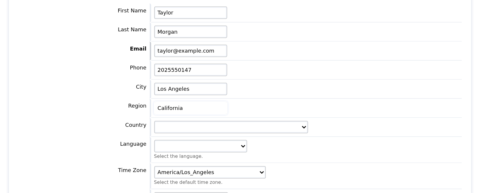 Phone User Profile with example contact details and America/Los_Angeles selected