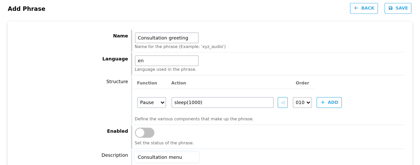 Native Add Phrase screen with example name, language, a pause step, order and enabled switch