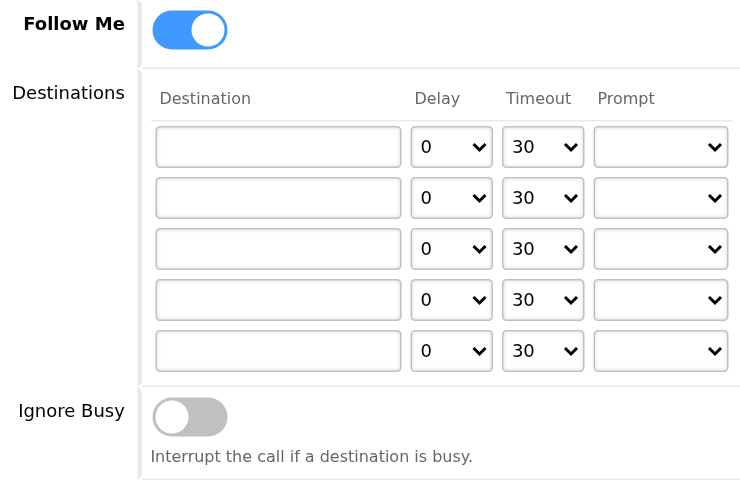 Follow Me destination list with delay, timeout and confirmation controls
