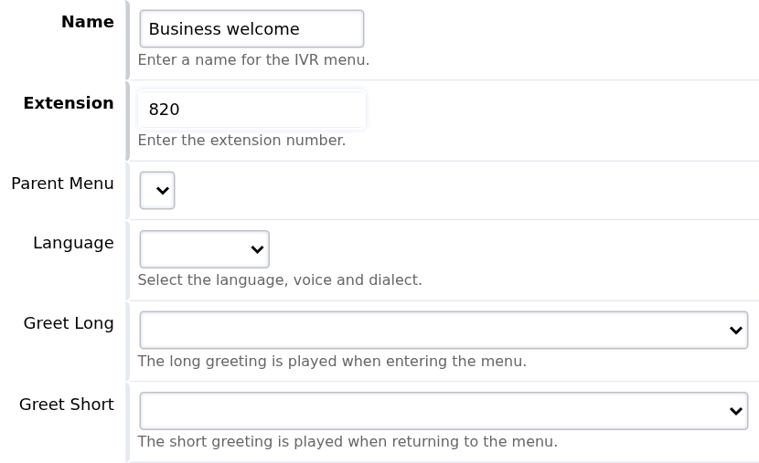 IVR menu name, extension, language, long greeting and short greeting