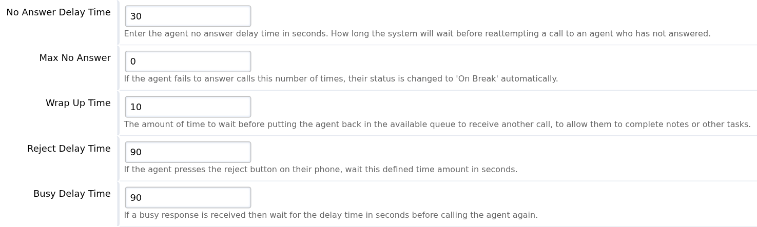 Agent retry delays, missed-answer threshold and wrap-up time