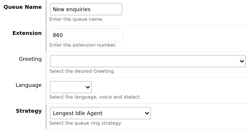 Call Center Queue name, extension, greeting, language and ringing strategy