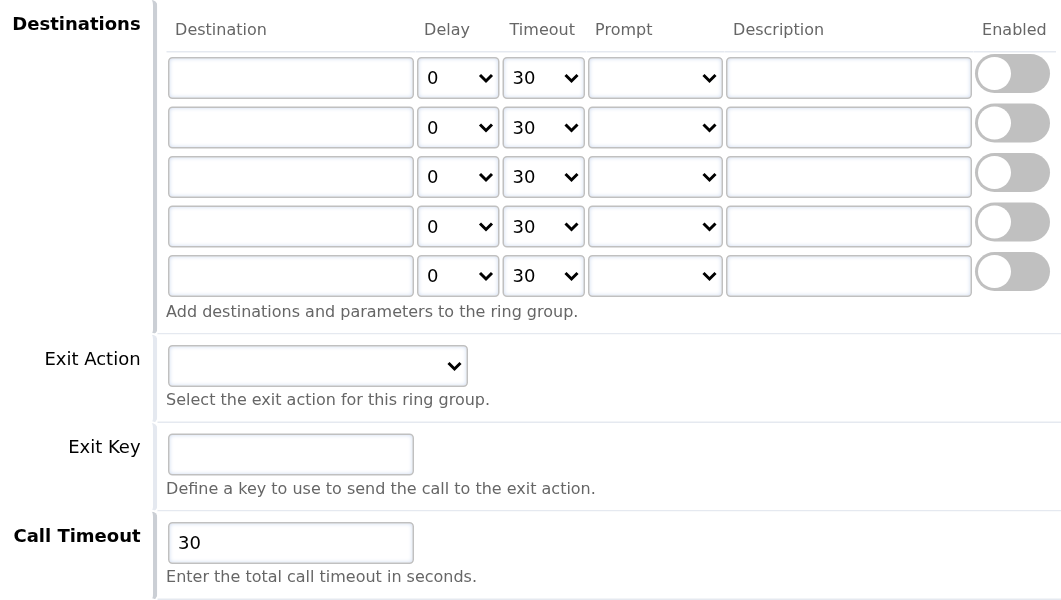 Ring group destinations, delay, timeout, confirmation, exit action and total call timeout