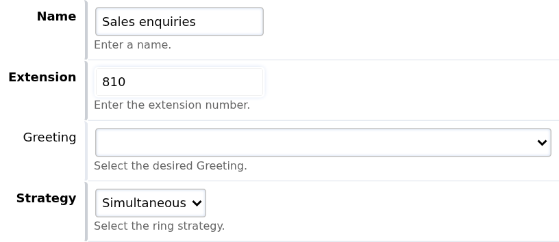 Ring Group name, extension, greeting and simultaneous strategy