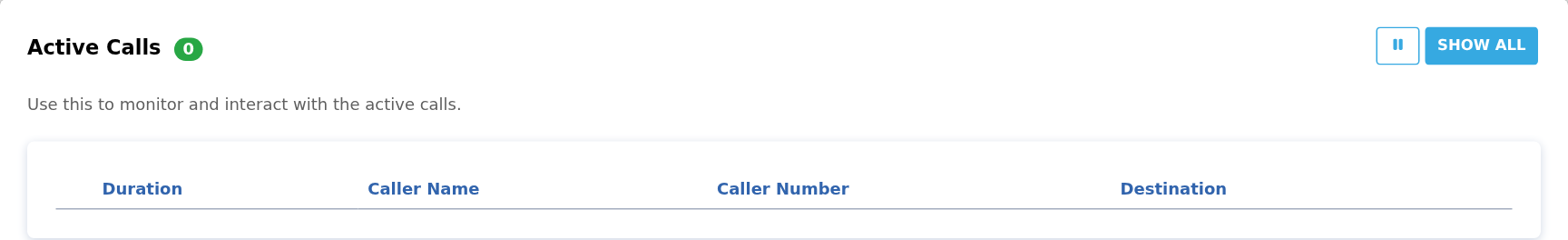 Active Calls refresh control and call-information columns