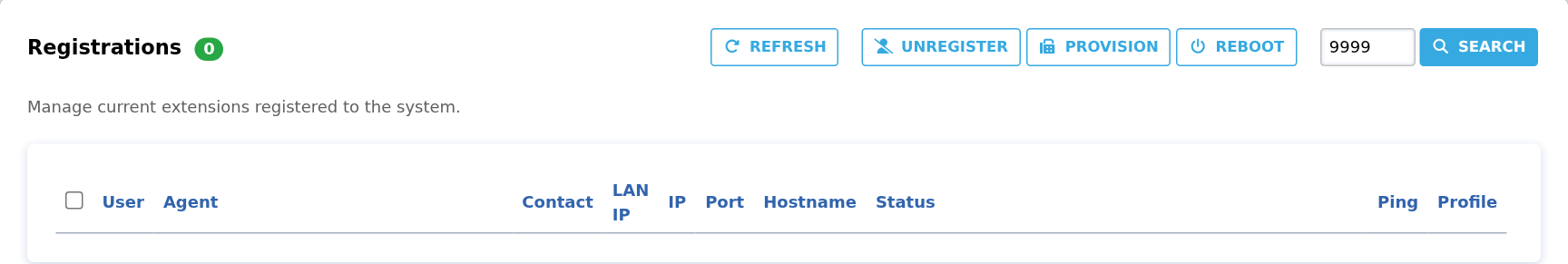 Registrations refresh, device actions, search and connection columns