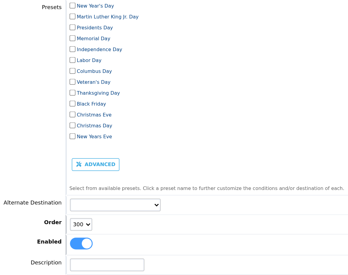 Holiday presets, alternate destination, order, enabled switch and description