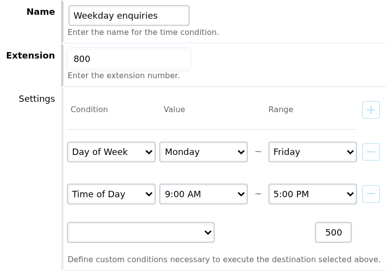 Time Condition form with a weekday 9 AM to 5 PM example