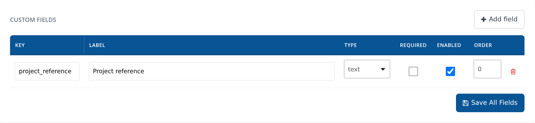 Custom Fields with field key, label, type and save controls