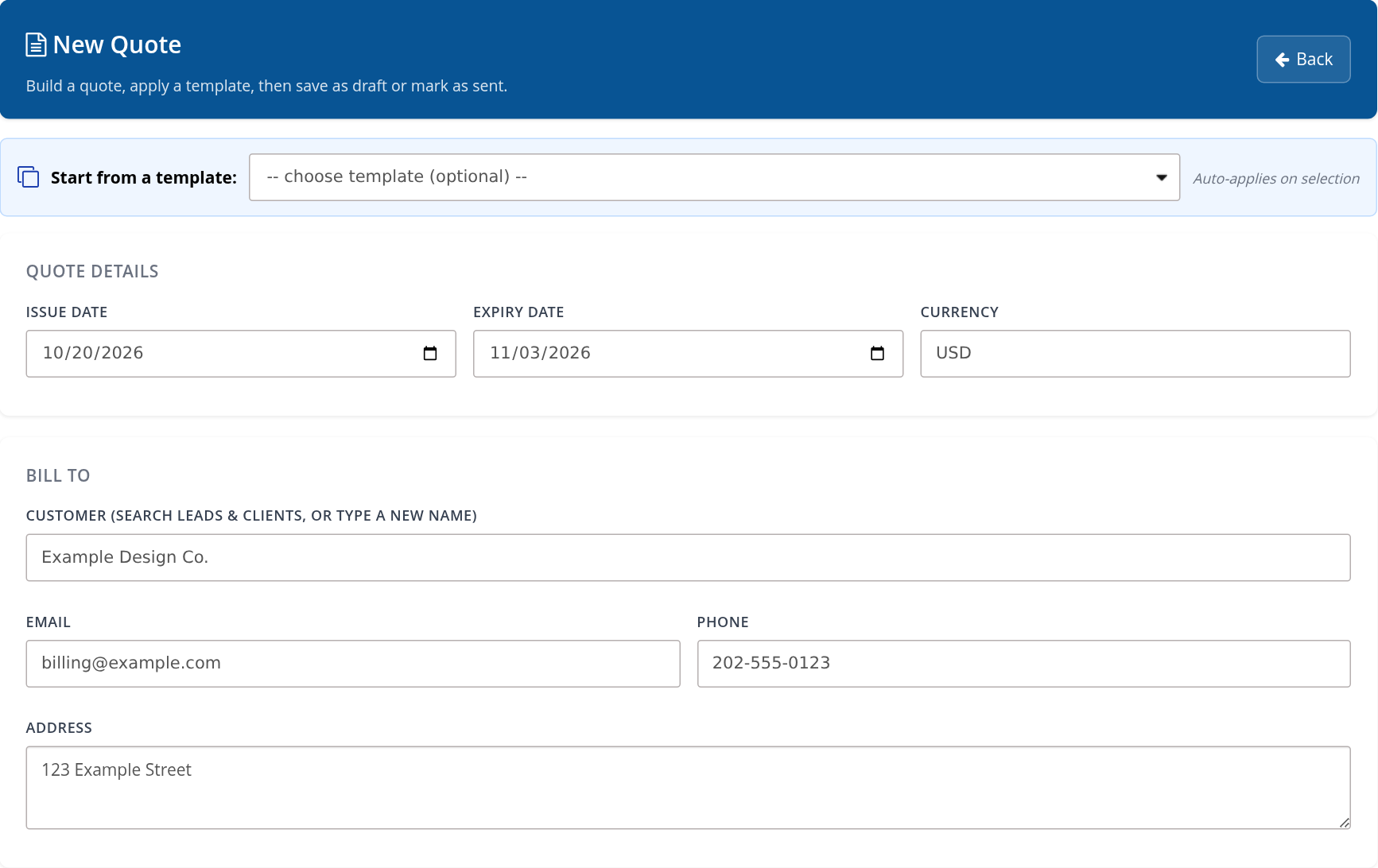 New Quote date and customer fields