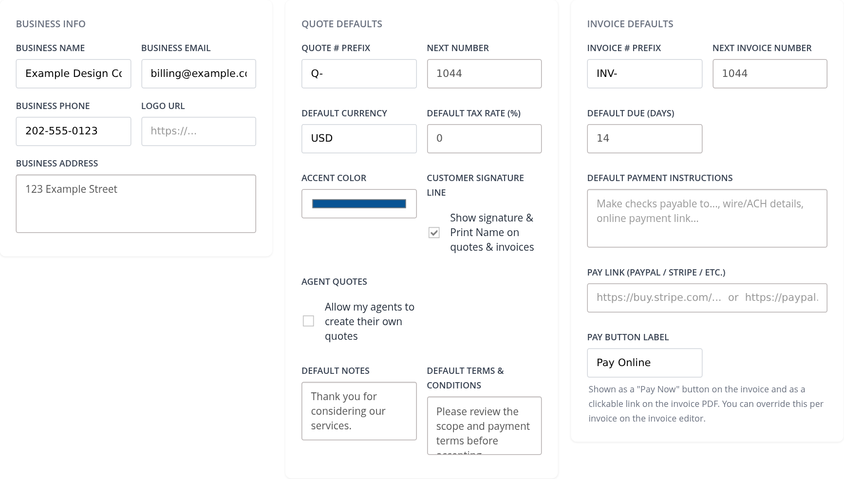 Business information, quote defaults and invoice defaults