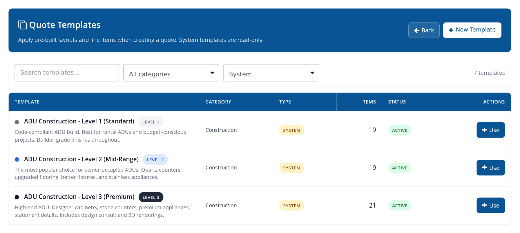 Template list with search, category, type and Use controls