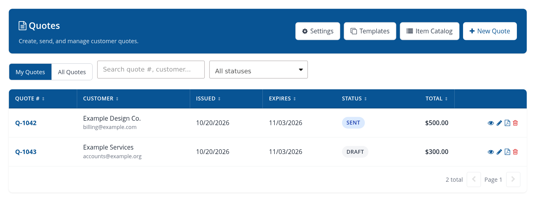 My Quotes list with search, status filter and row actions