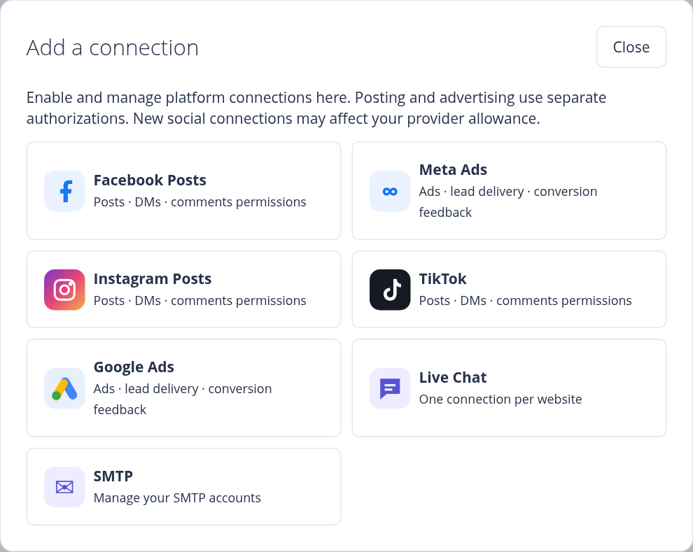 Add a connection dialog showing social posting, advertising, Live Chat and SMTP choices