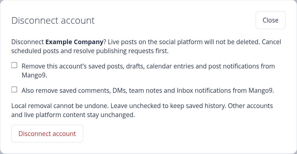 Disconnect account dialog with separate optional removal choices for saved posts and Inbox history