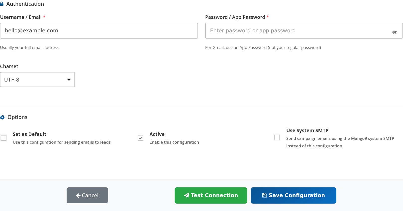 SMTP authentication, default and active options, Test Connection and Save Configuration