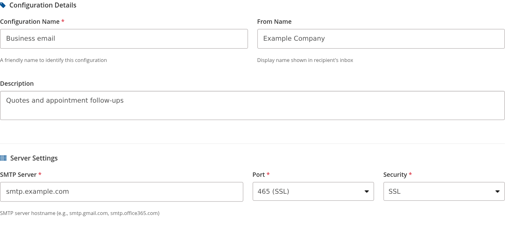 SMTP configuration name, From Name, description, server, port and security fields