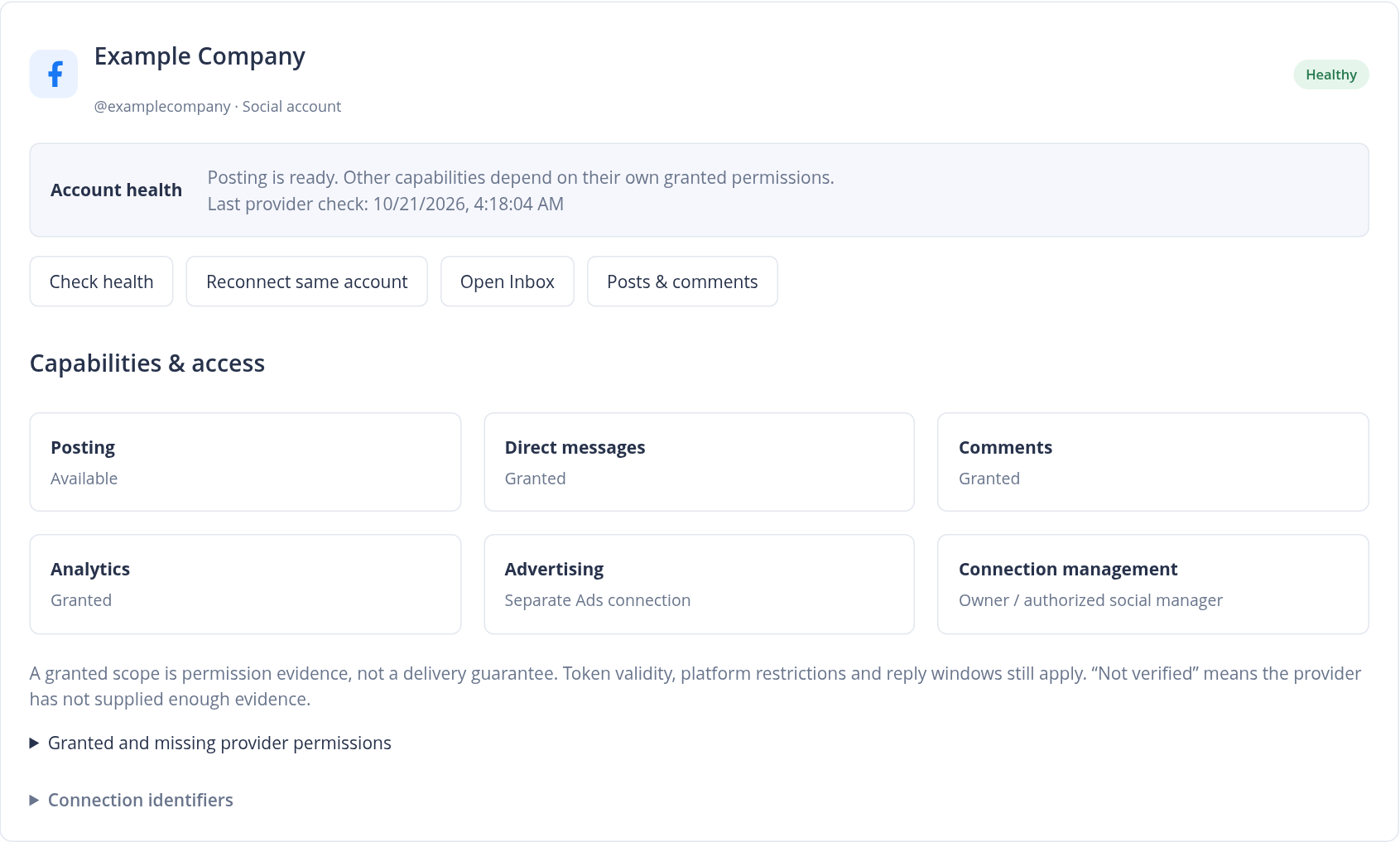 Social-account health and capabilities for posting, messages, comments, analytics and management