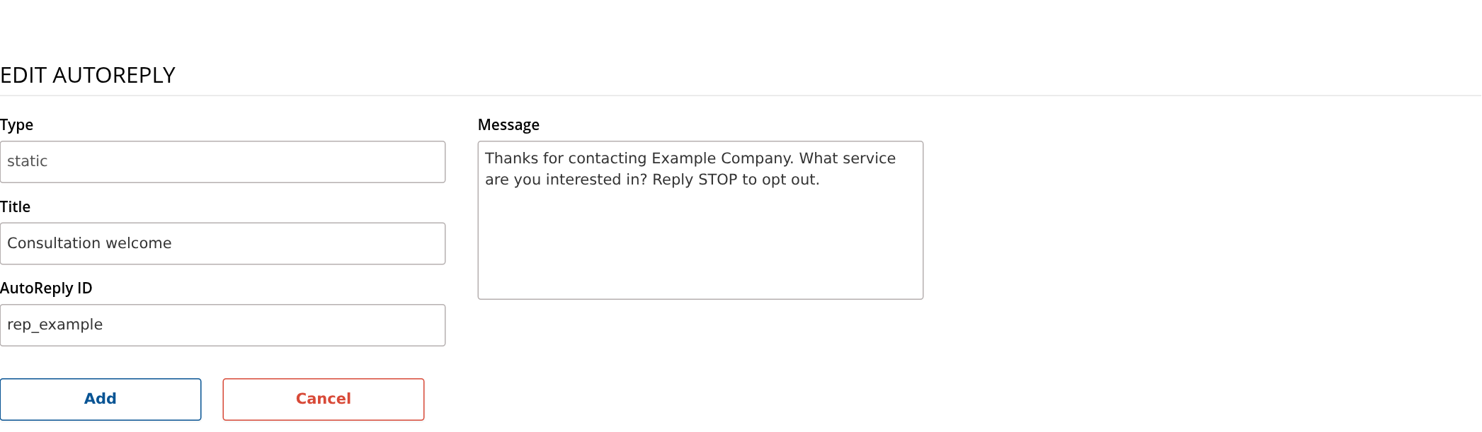 Static auto-reply form with title, identifier and welcome text