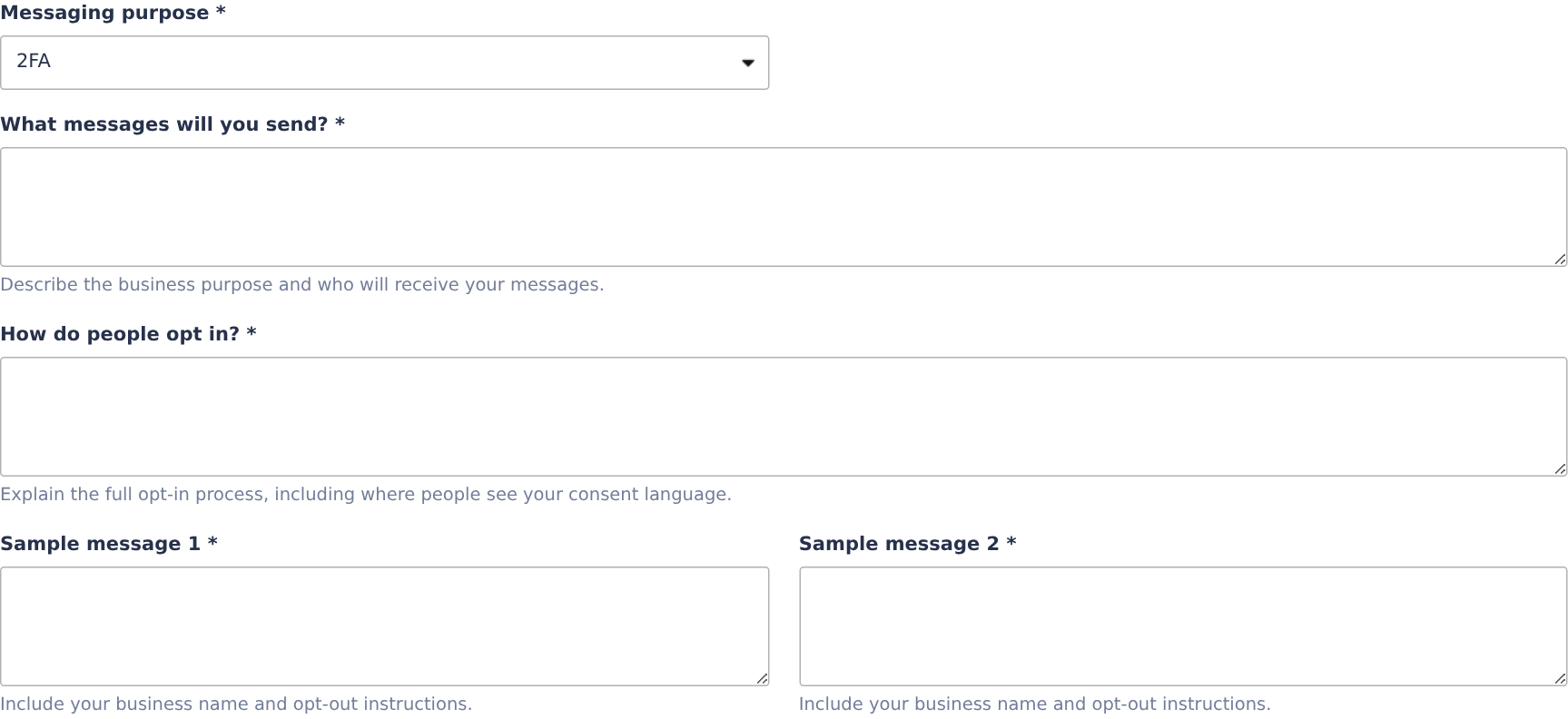 Messaging purpose, opt-in process and sample messages