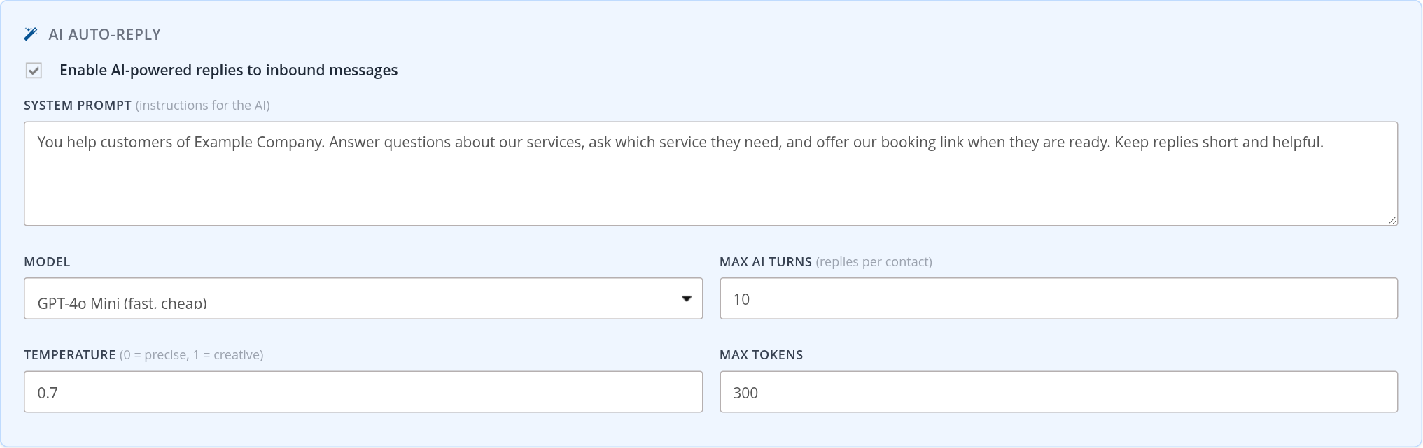 AI reply instructions, model and response settings