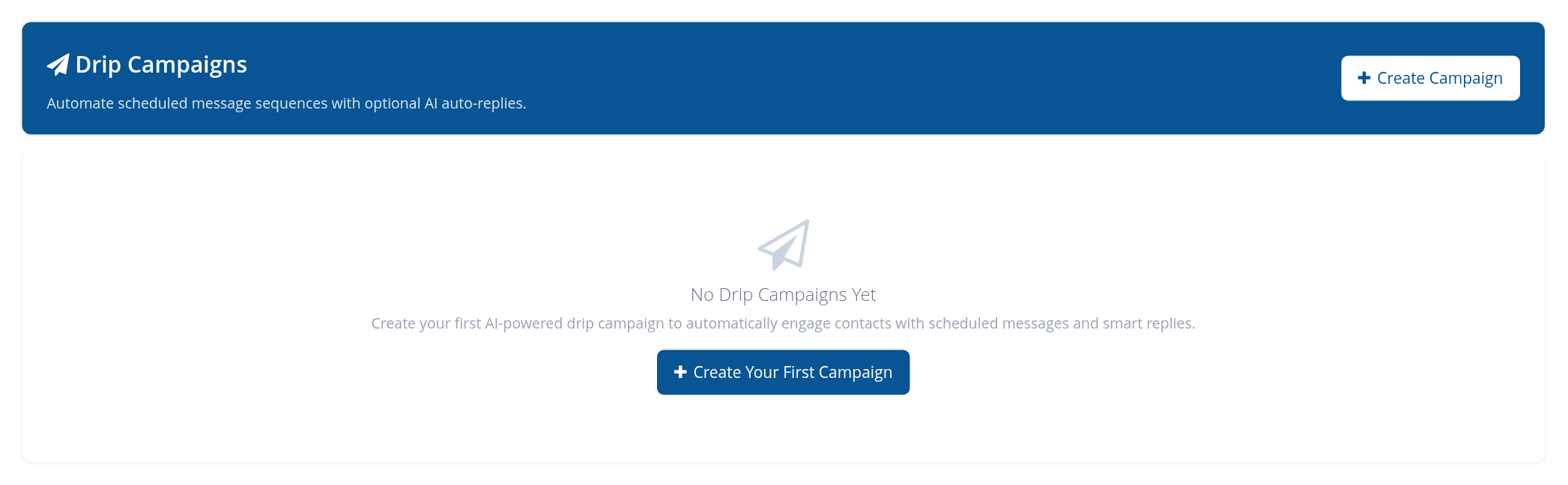Drip Campaigns screen with Create Campaign