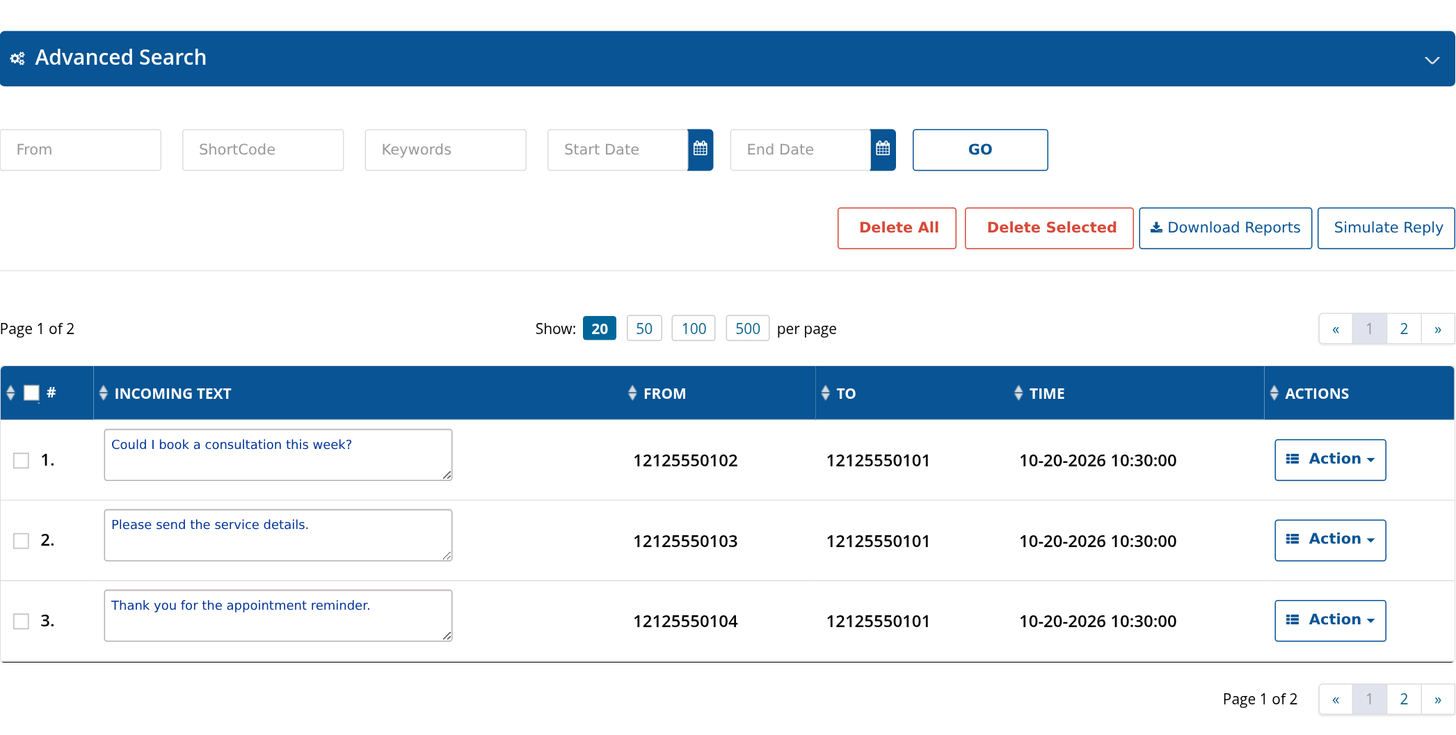 SMS Inbox search filters and incoming messages with Action menus