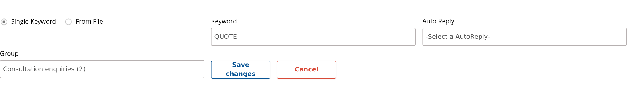 Keyword form with word, reply and group selectors