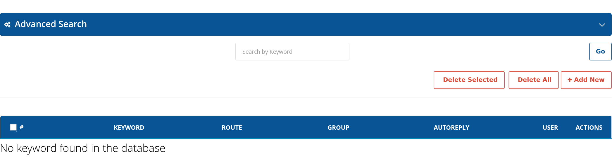 Keyword library with search, contact group and auto-reply columns