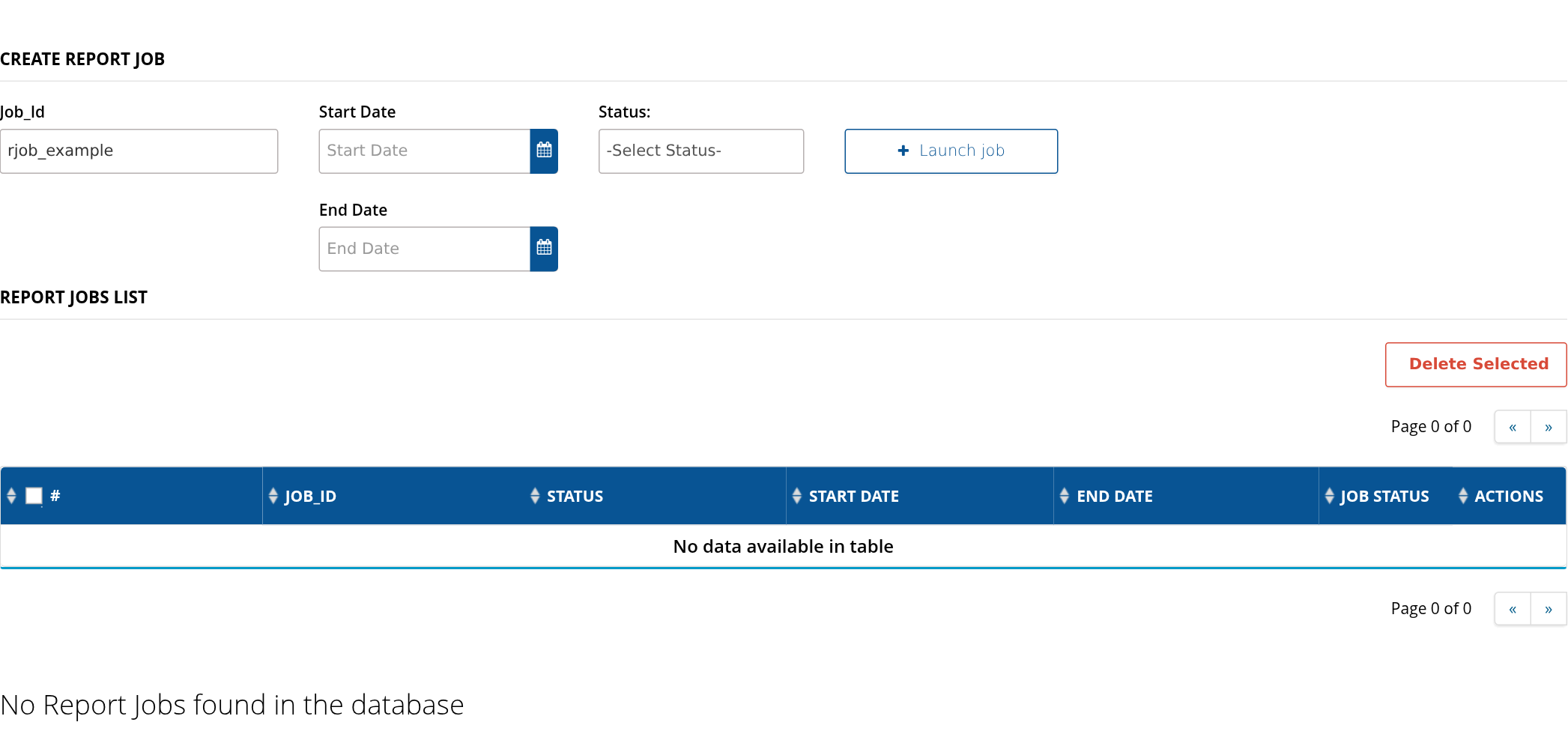 Create Report Job form and Report Jobs List