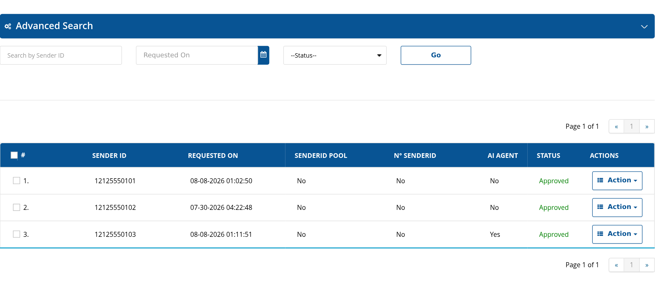 Sender IDs with approval, pool and AI Agent columns