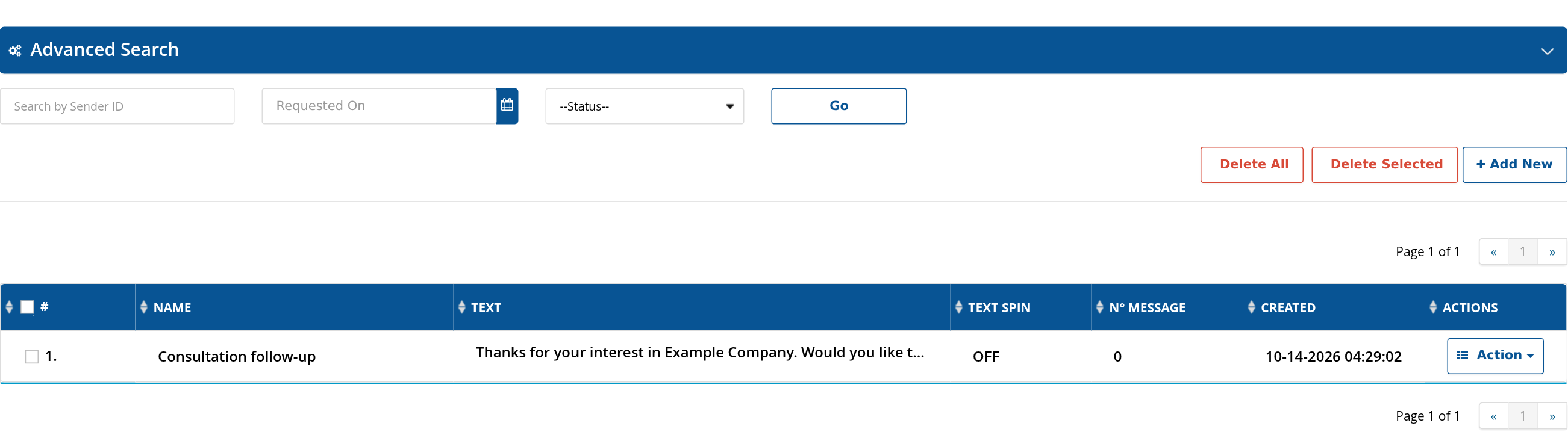 SMS template library with name, message and creation date