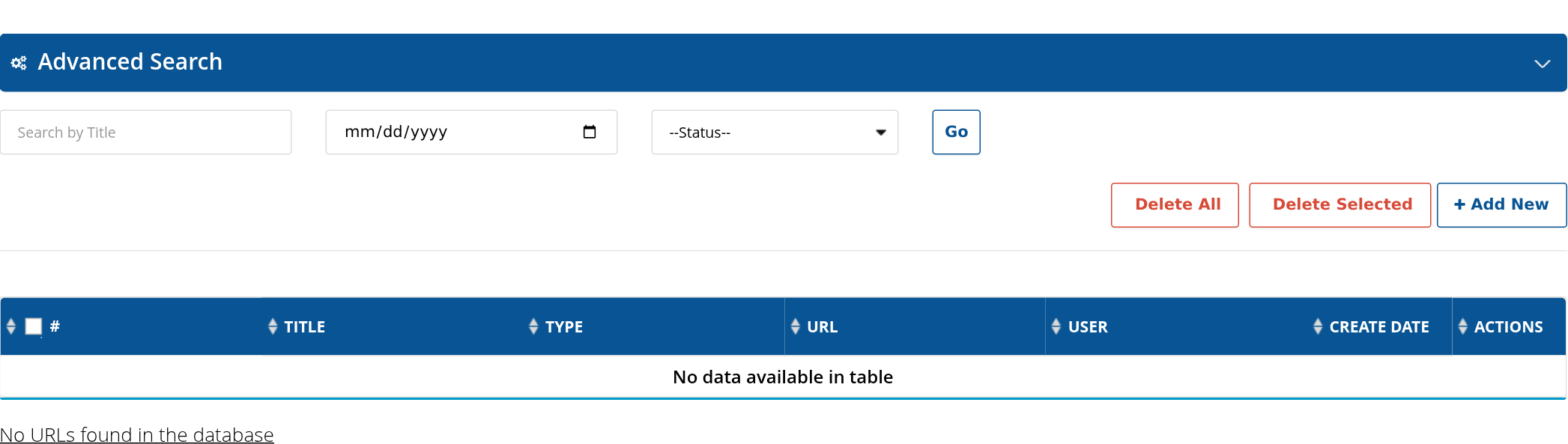URL Generator list with title, type and URL