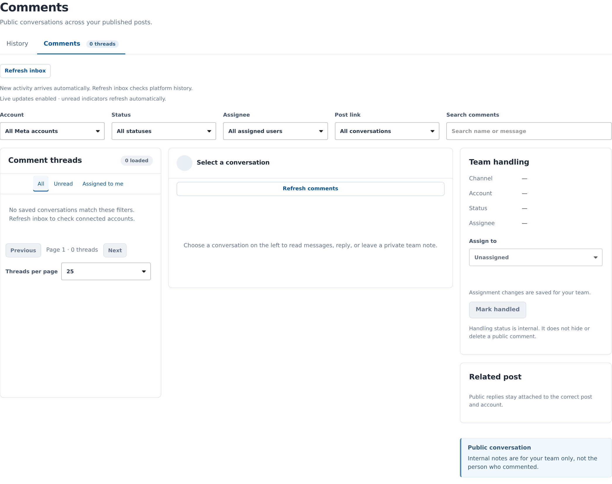 Comments workspace with account filters, thread list and team-handling controls